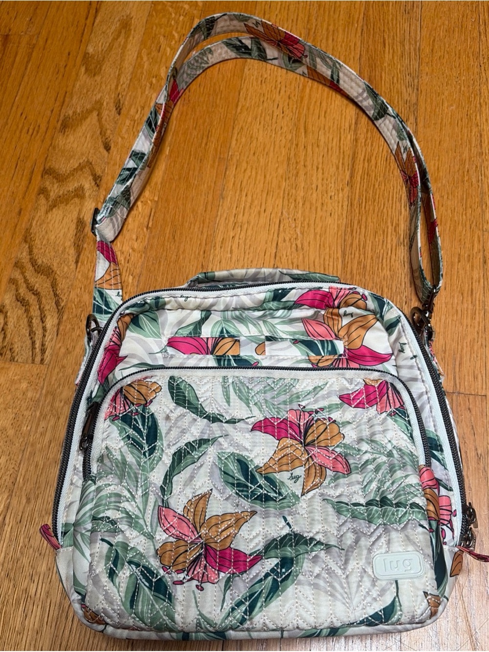 LUG Quilted Floral Crossbody Bag in Cream with Pink & Orange Flowers